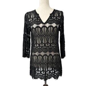 VALERIE STEVENS Women's Small Sheer Black Lace V-Neck Tunic Top 3/4 Sleeves